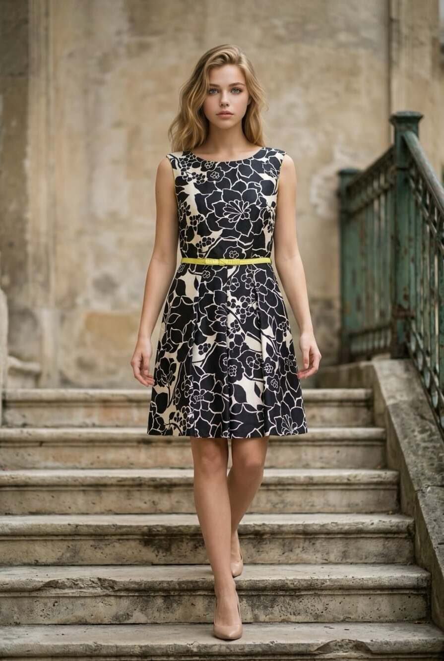 The Limited Black & White Floral Belted Fit & Flare Dress with Yellow Lining Siz